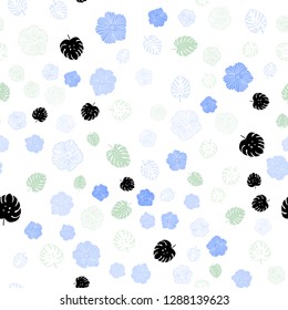 Light Blue, Green vector seamless doodle pattern with leaves, flowers. Leaves, flowers in natural style on white background. Template for business cards, websites.