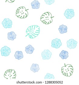 Light Blue, Green vector seamless elegant wallpaper with flowers, leaves. Leaves and flowers with gradient on white background. Pattern for design of fabric, wallpapers.