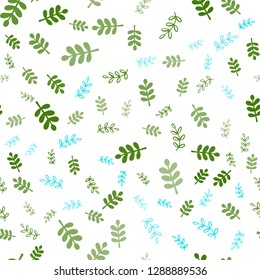 Light Blue, Green vector seamless elegant template with leaves, branches. Decorative design in Indian style on white background. Template for business cards, websites.