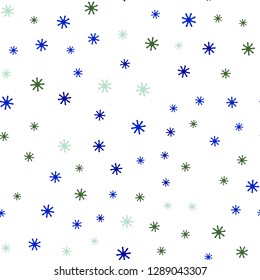 Light Blue, Green vector seamless template with ice snowflakes. Colorful decorative design in xmas style with snow. Texture for window blinds, curtains.