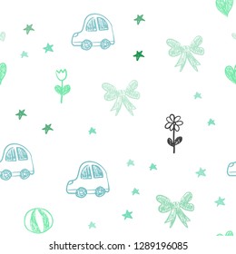 Light Blue, Green vector seamless background with xmas attributes. Illustration with a colorful toy car, heart, baloon, tulip, candy, ball. Template for new year postcards.