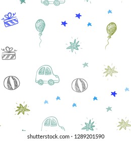 Light Blue, Green vector seamless backdrop in holiday style. Design in xmas style with a toy car, baloon, candy, star, ball. Design for colorful commercials.