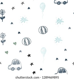 Light Blue, Green vector seamless layout with new year gifts. Colorful illustration with a toy car, heart, baloon, tulip, candy, ball. Template for new year postcards.