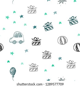 Light Blue, Green vector seamless texture in birthday style. Shining illustration with a toy car, baloon, candy, star, ball. Template for new year postcards.