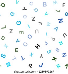 Light Blue, Green vector seamless background with signs of alphabet. Modern geometrical illustration with ABC english symbols. Design for textile, fabric, wallpapers.