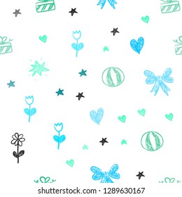 Light Blue, Green vector seamless layout with new year gifts. Illustration with a gradient toy car, heart, baloon, tulip, candy, ball. Pattern for new year ads.
