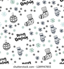 Light Blue, Green vector seamless texture with colored snowflakes, balls, socks, mittens. Shining colorful illustration in christmas style. Texture for window blinds, curtains.