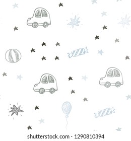 Light Blue, Green vector seamless backdrop in holiday style. Colorful illustration with a toy car, baloon, candy, star, ball. Template for new year postcards.