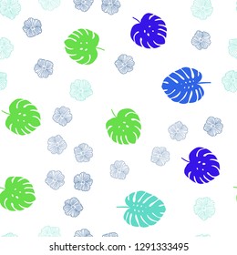 Light Blue, Green vector seamless natural background with flowers, leaves. Leaves, flowers in natural style on white background. Pattern for trendy fabric, wallpapers.