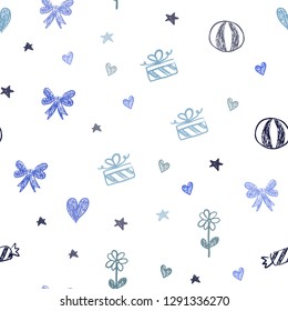 Light Blue, Green vector seamless texture in birthday style. Design in xmas style with aheart, baloon, candy, gift, star, ribbon. Pattern for birthday gifts.
