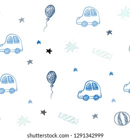 Light Blue, Green vector seamless backdrop in holiday style. Design in xmas style with a toy car, baloon, candy, star, ball. Design for colorful commercials.