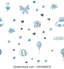 Light Blue, Green vector seamless layout with new year gifts. Illustration with a colorful toy car, heart, baloon, tulip, candy, ball. Pattern for birthday gifts.