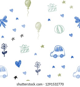 Light Blue, Green vector seamless background with xmas attributes. Illustration with a colorful toy car, heart, baloon, tulip, candy, ball. Template for new year postcards.
