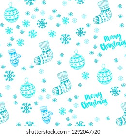 Light Blue, Green vector seamless template with ice snowflakes, balls, socks, mittens. Shining colorful illustration in christmas style. Template for business cards, websites.