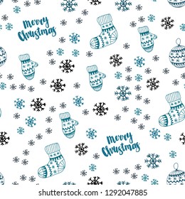 Light Blue, Green vector seamless cover with beautiful snowflakes, balls, socks, mittens. Modern geometric abstract illustration. Pattern for trendy fabric, wallpapers.