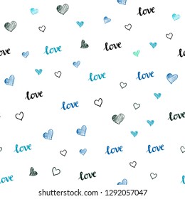 Light Blue, Green vector seamless template with text LOVE YOU, hearts. Romantic illustration with colorful phrase LOVE YOU, hearts. Design for wallpaper, fabric makers.