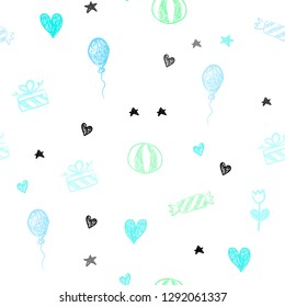Light Blue, Green vector seamless texture in birthday style. Colorful illustration with aheart, baloon, candy, gift, star, ribbon. Pattern for new year ads.