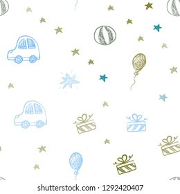 Light Blue, Green vector seamless background in xmas style. Illustration with a gradient toy car, baloon, candy, star, ball. Pattern for carnival, festival ads.