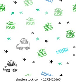 Light Blue, Green vector seamless layout in new year style. Illustration with a colorful toy car, baloon, candy, star, ball. Template for new year postcards.