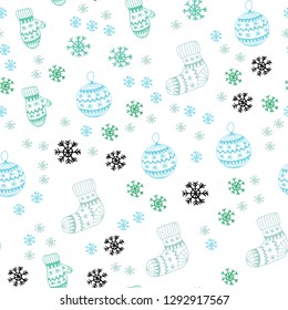 Light Blue, Green vector seamless cover with beautiful snowflakes, balls, socks, mittens. Colorful illustration with xmas symbols. Template for business cards, websites.