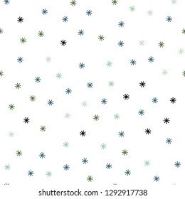 Light Blue, Green vector seamless cover with beautiful snowflakes. Shining colorful illustration with snow in christmas style. Pattern for trendy fabric, wallpapers.