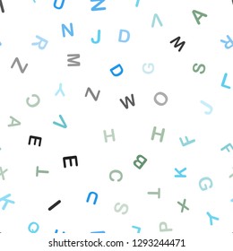 Light Blue, Green vector seamless backdrop with english symbols. Modern geometrical illustration with ABC english symbols. Design for wallpaper, fabric makers.