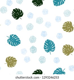 Light Blue, Green vector seamless doodle pattern with flowers, leaves. Leaves, flowers in natural style on white background. Template for business cards, websites.