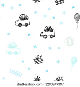 Light Blue, Green vector seamless template in carnival style. Illustration with a gradient toy car, baloon, candy, star, ball. Pattern for new year ads.