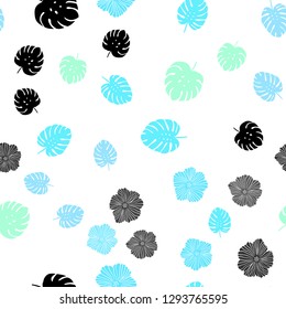 Light Blue, Green vector seamless doodle template with flowers, leaves. Shining colored illustration with leaves and flowers. Texture for window blinds, curtains.