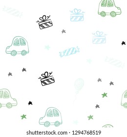 Light Blue, Green vector seamless texture in birthday style. Colorful illustration with a toy car, baloon, candy, star, ball. Design for colorful commercials.