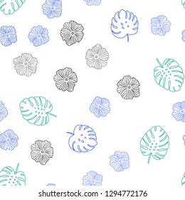 Light Blue, Green vector seamless elegant wallpaper with flowers, leaves. Doodle illustration of leaves and flowers in Origami style. Template for business cards, websites.