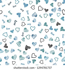 Light Blue, Green vector seamless background with words of love, hearts. Colorful gradient phrase LOVE YOU, hearts in abstract style. Pattern for trendy fabric, wallpapers.