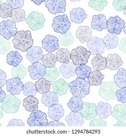 Light Blue, Green vector seamless natural backdrop with flowers. Sketchy doodle flowers on white background. Pattern for design of fabric, wallpapers.