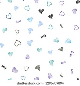 Light Blue, Green vector seamless template with text LOVE YOU, hearts. Design in doodle style with text LOVE YOU, hearts. Design for wallpaper, fabric makers.