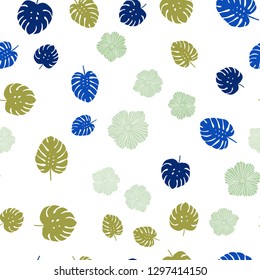 Light Blue, Green vector seamless doodle backdrop with flowers, leaves. Abstract illustration with leaves, flowers in doodles style. Pattern for design of fabric, wallpapers.