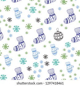 Light Blue, Green vector seamless cover with beautiful snowflakes, balls, socks, mittens. Colorful decorative design in xmas style. Pattern for trendy fabric, wallpapers.