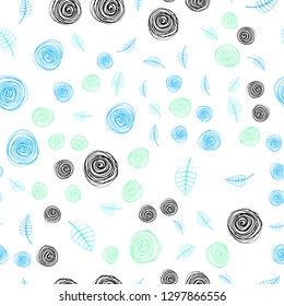 Light Blue, Green vector seamless elegant pattern with leaves and flowers. Illustration with doodles on abstract template. Design for textile, fabric, wallpapers.