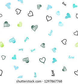 Light Blue, Green vector seamless pattern with phrase LOVE  , hearts. Colorful gradient phrase LOVE , hearts in abstract style. Pattern for design of fabric, wallpapers.