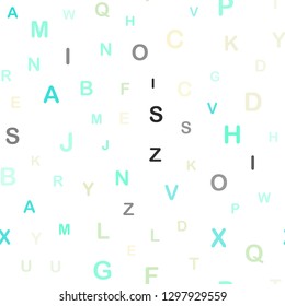 Light Blue, Green vector seamless texture with ABC characters. Colored alphabet signs with gradient on white background. Texture for window blinds, curtains.