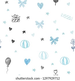 Light Blue, Green vector seamless texture in birthday style. Illustration with a colorfulheart, baloon, candy, gift, star, ribbon. Pattern for carnival, festival ads.