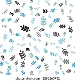 Light Blue, Green vector seamless doodle pattern with leaves, branches. Decorative design in Indian style on white background. Template for business cards, websites.
