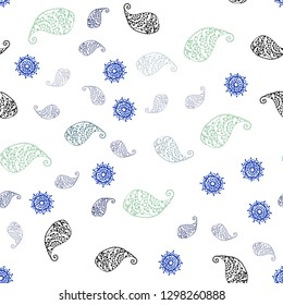 Light Blue, Green vector seamless elegant template with leaves and flowers. An elegant bright illustration with leaves and flowers. Template for business cards, websites.