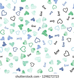 Light Blue, Green vector seamless template with text LOVE YOU, hearts. Colorful gradient phrase LOVE YOU, hearts in abstract style. Texture for window blinds, curtains.