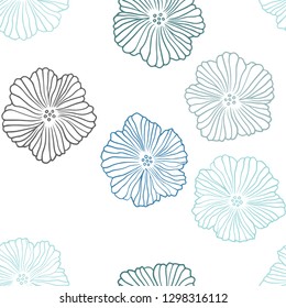 Light Blue, Green vector seamless natural backdrop with flowers. Decorative design of flowers on white background. Texture for window blinds, curtains.