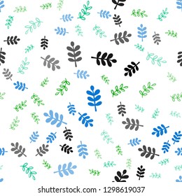 Light Blue, Green vector seamless doodle background with leaves, branches. Colorful illustration in doodle style with leaves, branches. Pattern for design of fabric, wallpapers.