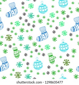 Light Blue, Green vector seamless template with ice snowflakes, balls, socks, mittens. Colorful xmas elements with gradient. Design for wallpaper, fabric makers.