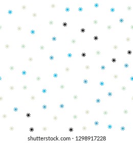 Light Blue, Green vector seamless pattern with christmas snowflakes. Shining colorful illustration with snow on abstract template. Design for textile, fabric, wallpapers.