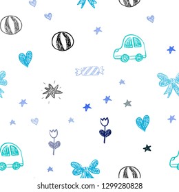 Light Blue, Green vector seamless pattern with christmas toys. Abstract illustration with a toy car, heart, baloon, tulip, candy, ball. Pattern for new year ads.