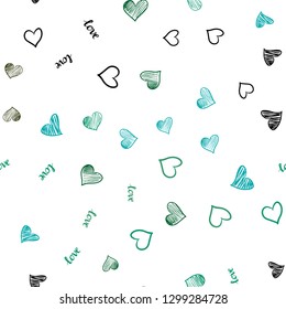 Light Blue, Green vector seamless template with text LOVE YOU, hearts. Romantic illustration with colorful phrase LOVE YOU, hearts. Pattern for trendy fabric, wallpapers.
