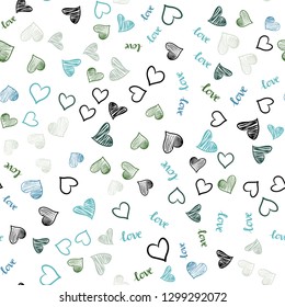 Light Blue, Green vector seamless background with words of love, hearts. Colorful illustration with quote LOVE YOU, hearts. Pattern for trendy fabric, wallpapers.